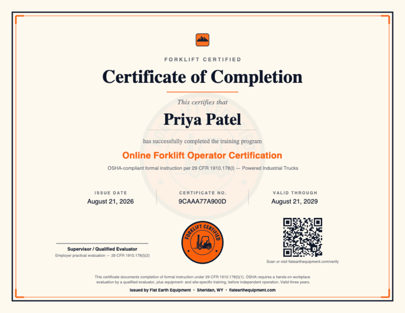 Sample forklift operator certificate of completion with unique ID and QR verification code
